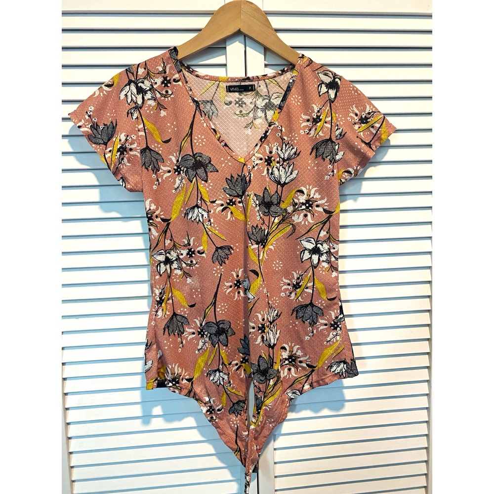 Viva Cidade Women's Pink Floral V-Neck Short Sleeve Tie-Front Blouse S